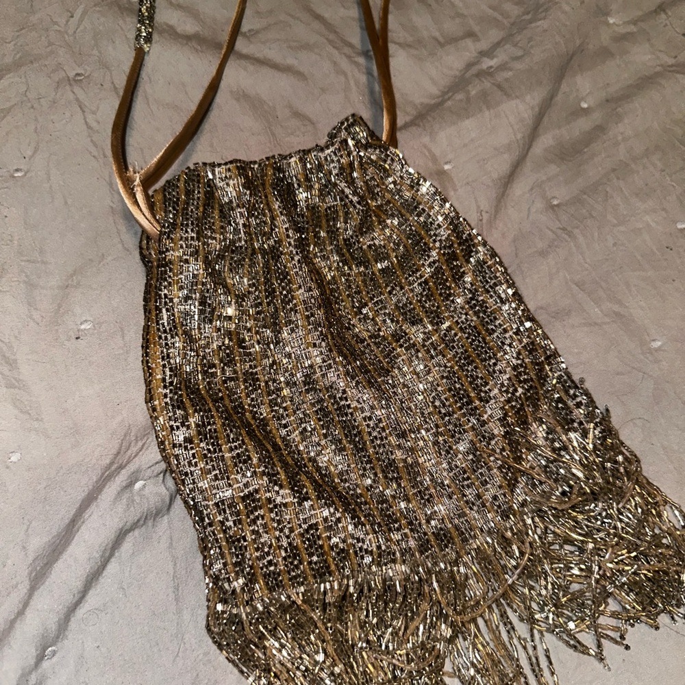 Zara Metallic Fringe Bag - Silver & Beige